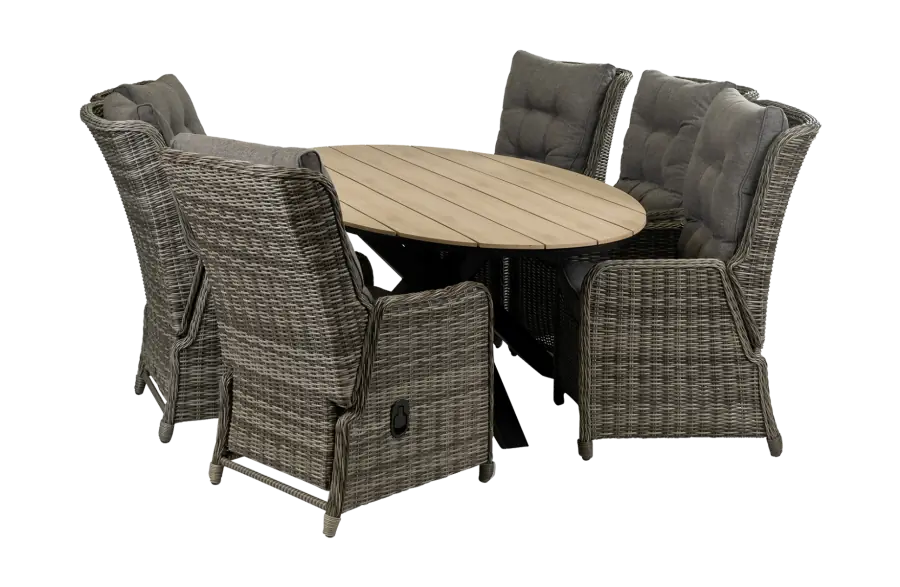 Dublin tuinset-7 delige tuinset-Dublin verstelbare tuinstoel-Ash Grey-polywood tuintafel-wicker-aluminium frame