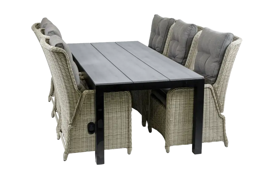 Dublin 7 delige tuinset-dublin verstelbare stoelen-Mystic Grey-Cyprus tuintafel 225cm-wicker-polywood-aluminium frame-schuin