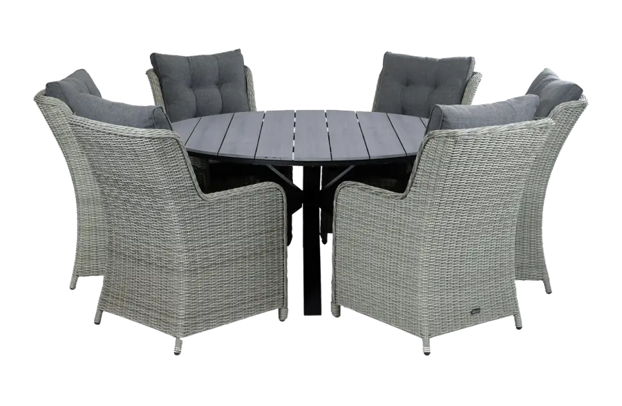 Dublin ronde tuinset-7 delige tuinset-Dublin tuinstoel-Mystic Grey-wicker vlechtwerk-cyprus ronde tuintafel-polywood