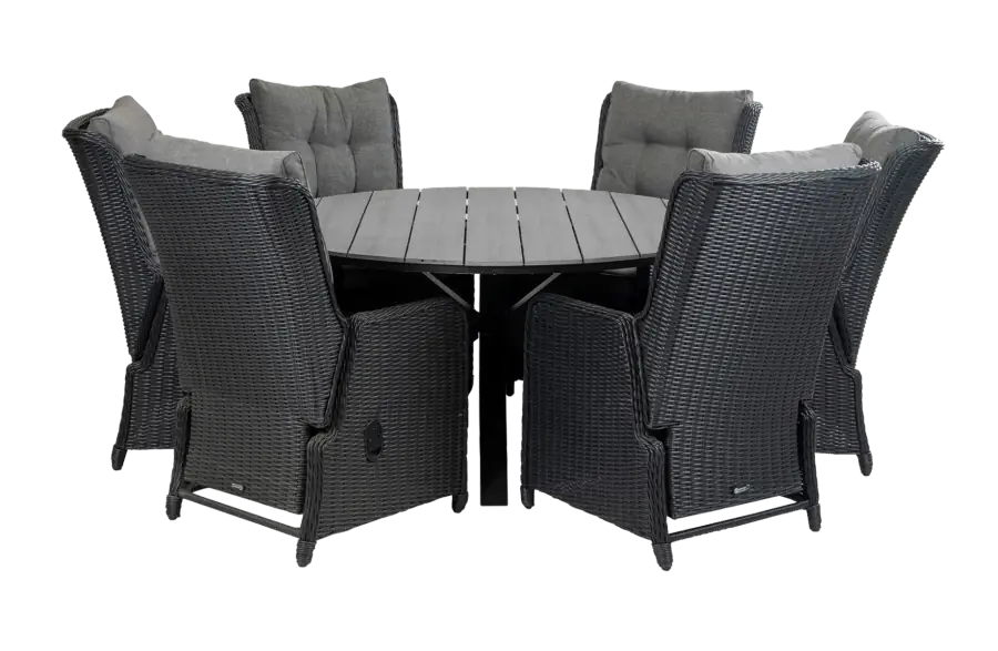 Dublin ronde tuinset-7 delige tuinset-Dublin verstelbare tuinstoel-black-polywood-wicker vlechtwerk
