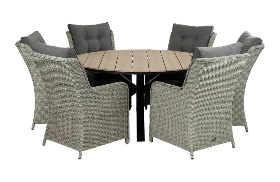 Dublin ronde tuinset-7 delige tuinset-dublin tuinstoel vast-Mystic Grey-polywood tuintafel-wicker-aluminium frame