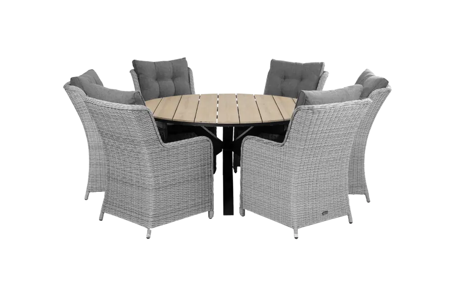 Dublin ronde tuinset-7 delige tuinset-dublin tuinstoel vast-Mystic Grey-polywood tuintafel-wicker-aluminium frame
