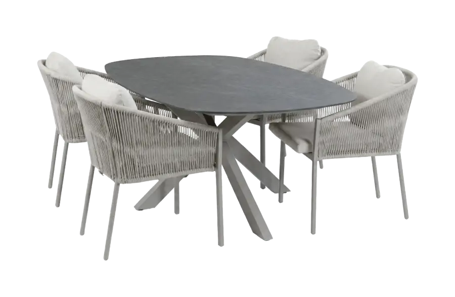 5-teiliges Gartenmöbel-Set | 4 Elvira Gartenstühle (Camel) | Gartentisch Barletta 180x115 cm (Desert Pearl/Camel) 