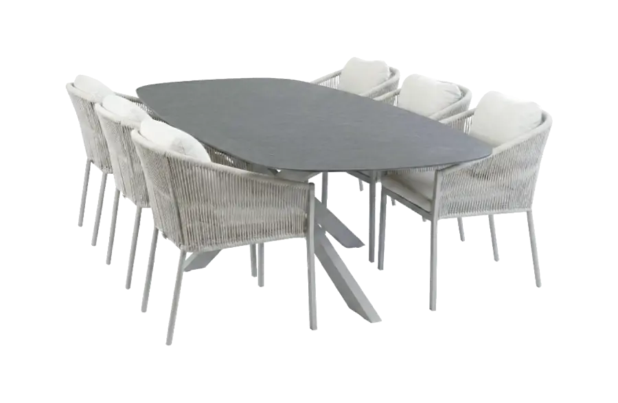 7-teiliges Gartenmöbel-Set | 6 Elvira Gartenstühle (Camel) | Gartentisch Barletta 240x115 cm (Desert Pearl/Camel)