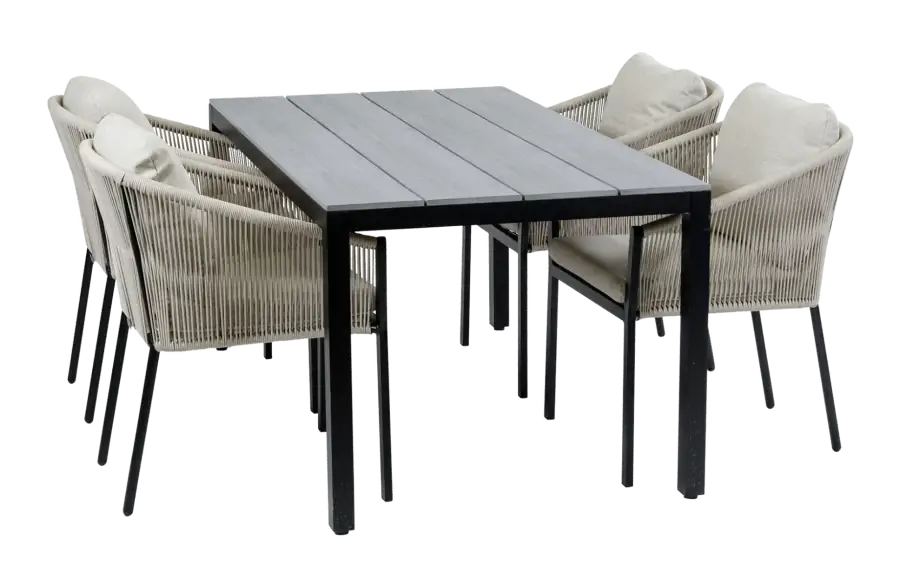 5-teiliges Garten-Set | 4 Elvira Gartenstühle (Sand) | Gartentisch Limasol 160 x 90 cm (Grey)