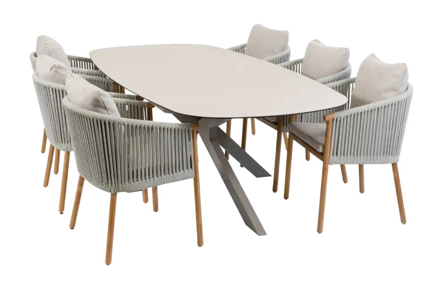 7-teiliges Garten-Set | 6 Es Vedra Gartenstühle | Gartentisch Malaga 240 x 115 cm | Teakholz & Camel