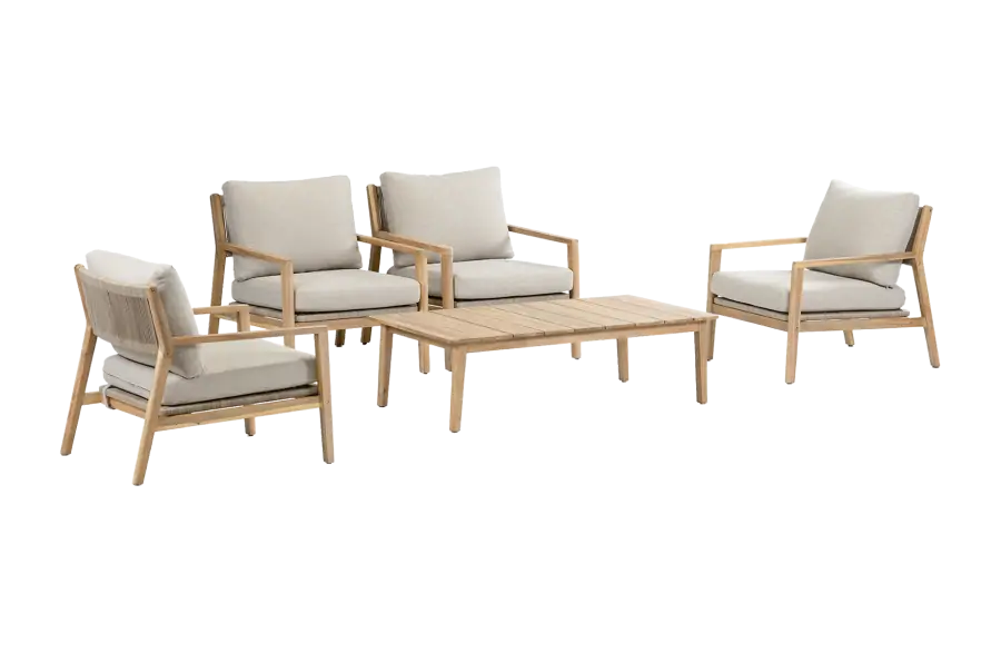 Sessel Lounge-Set Felline | 4 Lounge-Sessel mit Beistelltisch (120 x 60 cm) | Akazienholz & Sand