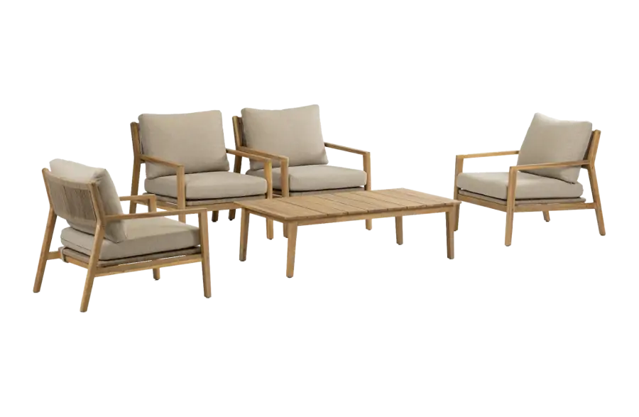 Sessel Lounge-Set Felline | 4 Lounge-Sessel mit Beistelltisch (120 x 60 cm) | Akazienholz & Sand
