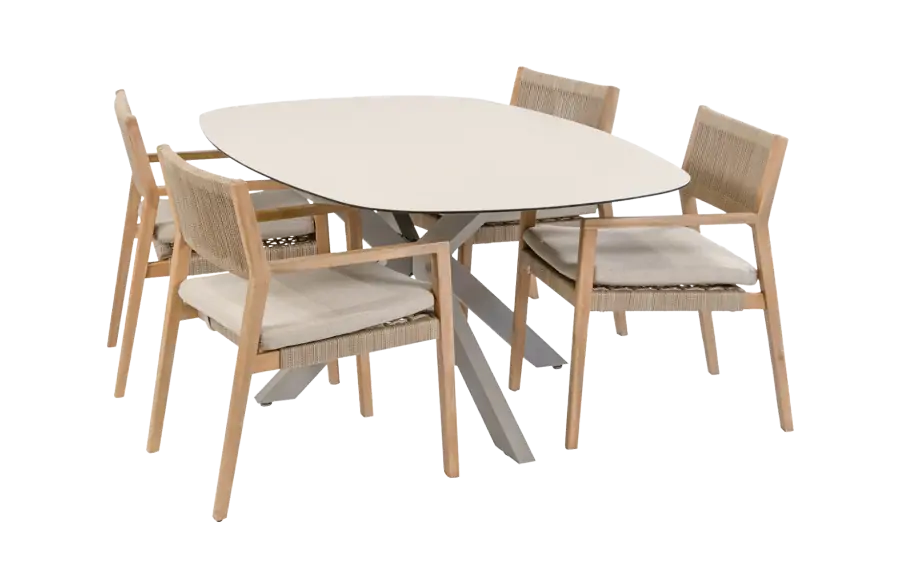 5-teiliges Garten-Set | 4 Felline Gartenstühle | Malaga Gartentisch 180 x 115 cm | Akazienholz &  Camel
