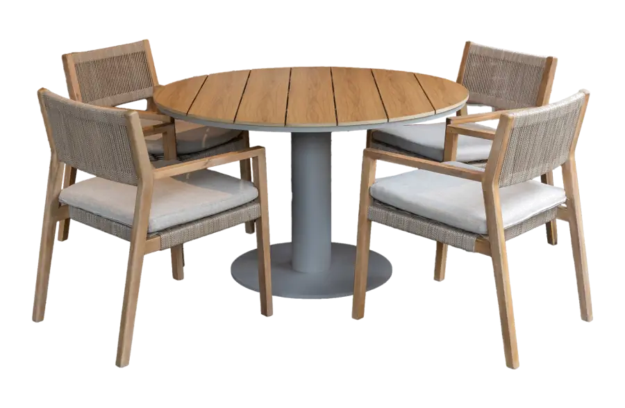 Rundes 5-teiliges Garten-Set | 4 Felline Gartenstühle | ø 120 cm Tower Gartentisch  | Akazienholz & Camel