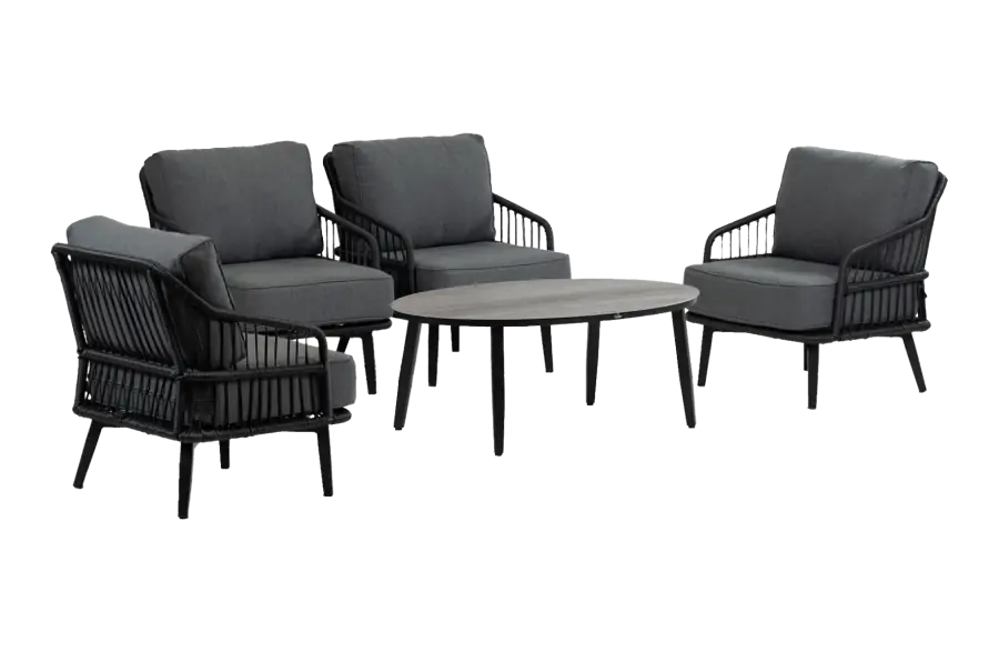 Sessel Lounge-Set | 4 Isabel Lounge-Sessel | Mykonos Beistelltisch oval (120 x 75 cm) | Grau & Schwarz