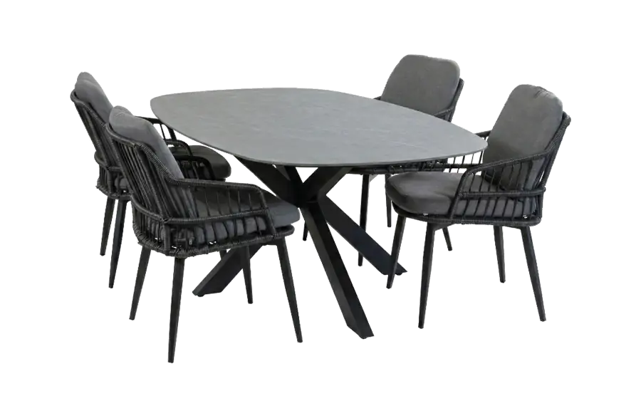 5-teiliges Gartenmöbel-Set | 4 Isabel Gartenstühle (Black) | Gartentisch Barletta 180x115 cm (Black/Desert Pearl)