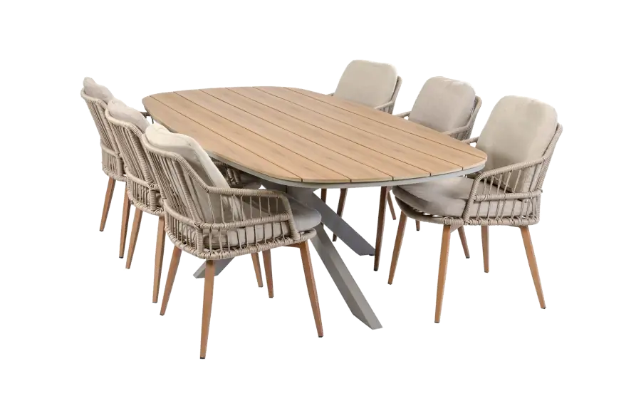 7-teiliges Garten-Set | 6 Isabel Gartenstühle (Sand) | Malaga Gartentisch 240 x 115 cm (Camel)