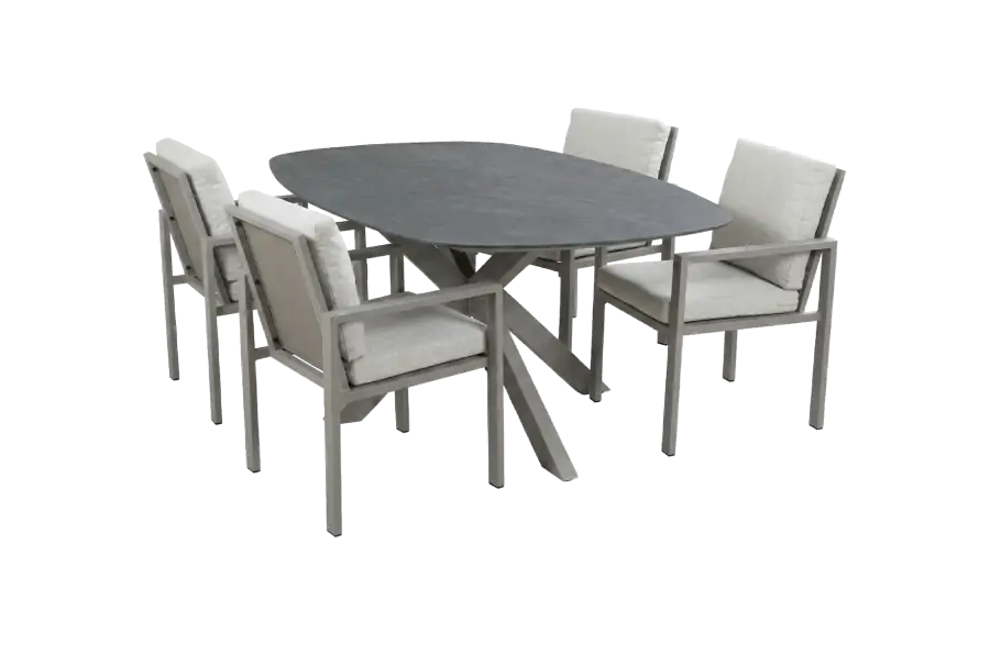 5-teiliges Gartenmöbel-Set | 4 Lumo Gartenstühle (Camel) | Gartentisch Barletta 180x115 cm (Desert Pearl/Camel)