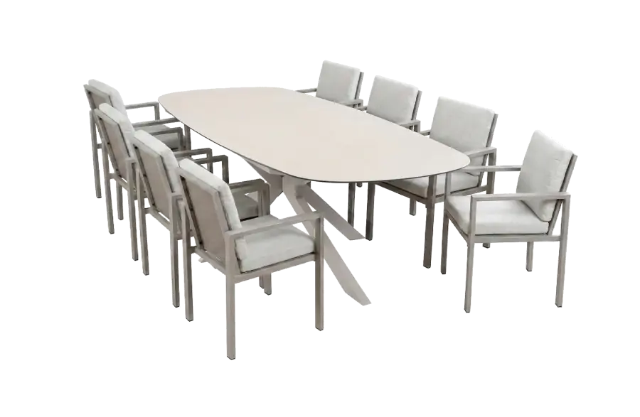 9-teiliges Gartenmöbel-Set | 8 Lumo Gartenstühle (Beige & Camel) | Gartentisch Malaga 280x115 cm (Camel)