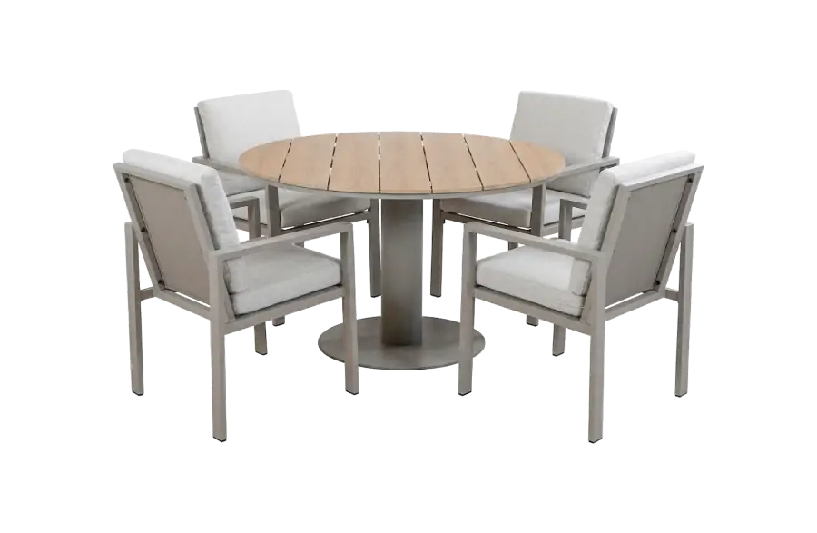 5-teiliges rundes Gartenmöbel-Set | 4 Lumo Gartenstühle (Beige & Camel) | Gartentisch Tower Ø120 cm (Camel)