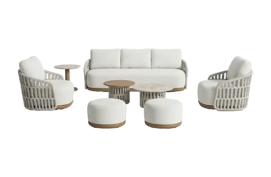 Sessel-Sofa Loungeset Marbella | Wood | 8-Teilig | Natural Bouclé/Stone Cord | Aluminium und Rope