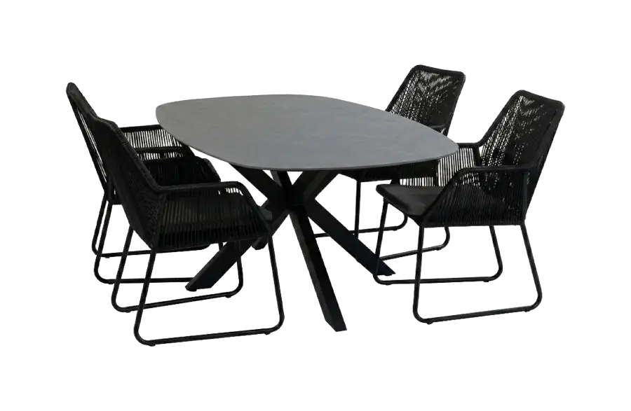 5-teiliges Gartenmöbel-Set | 4 Mona Gartenstühle (Black) | Gartentisch Barletta 180x115 cm (Black/Desert Pearl)