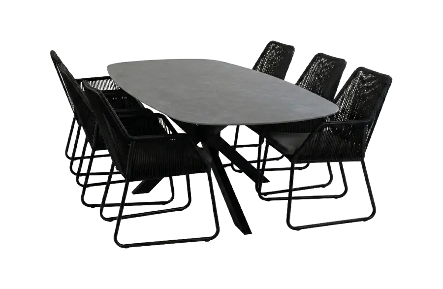 7-teiliges Gartenmöbel-Set | 6 Mona Gartenstühle (Black) | Gartentisch Barletta 240x115 cm (Black/Desert Pearl)