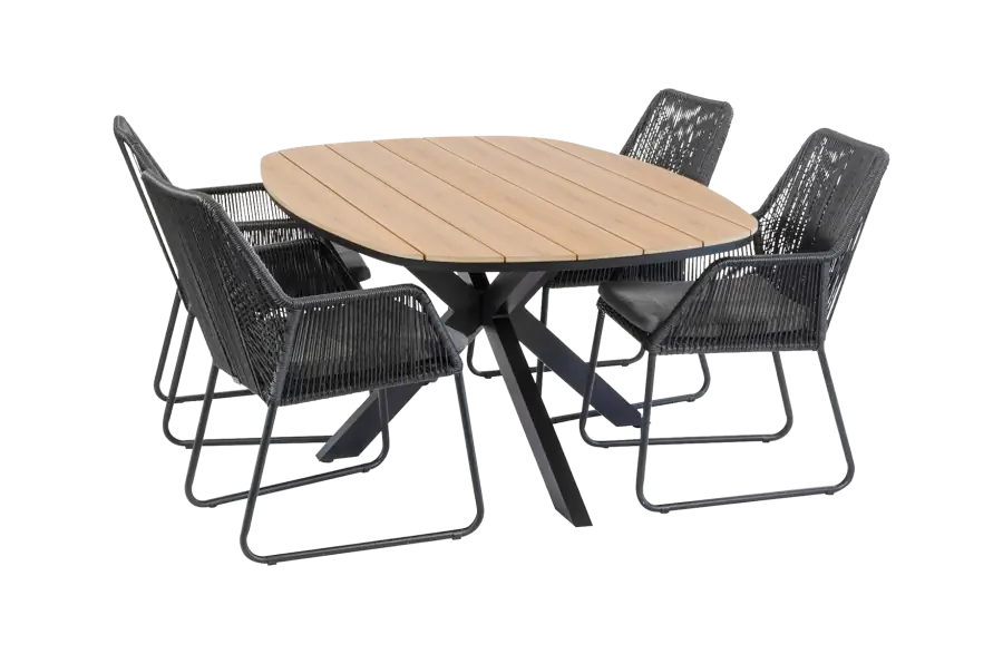 5-teiliges Garten-Set | 4 Mona Gartenstühle | Cadiz Gartentisch 180 x 115 cm | Schwarz