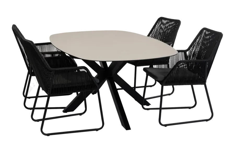 5-teiliges Garten-Set | 4 Mona Gartenstühle (Schwarz) | Malaga Gartentisch 180 cm (Schwarz)