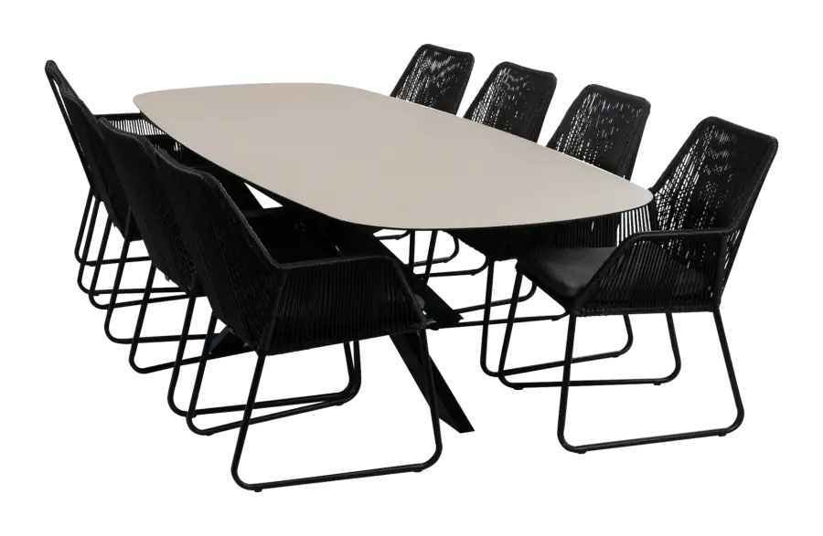 9-teiliges Garten-Set | 8 Mona Gartenstühle | Gartentisch Malaga 280 x 115 cm | Schwarz