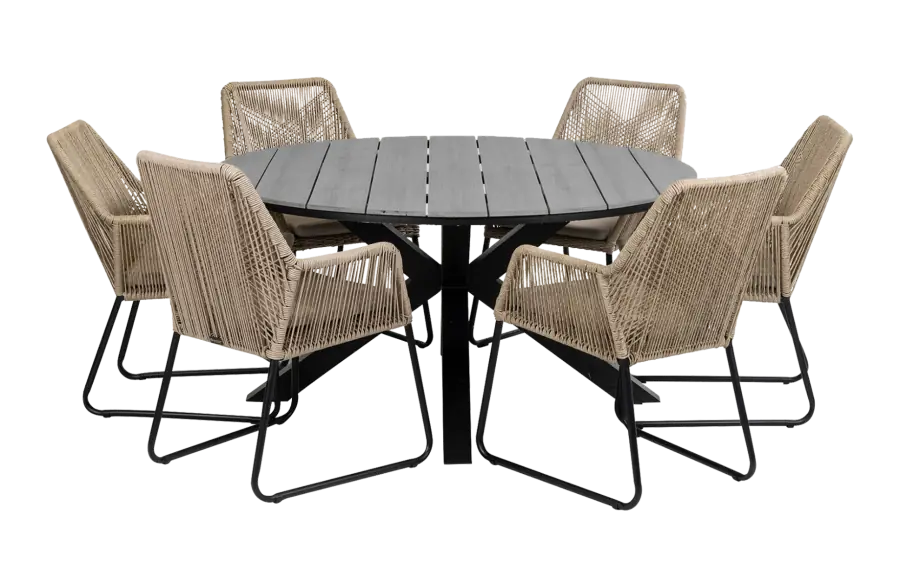Mona ronde tuinset-7 delige tuinset-Mona tuinstoel-Rope-cyprus tuintafel-aluminium frame