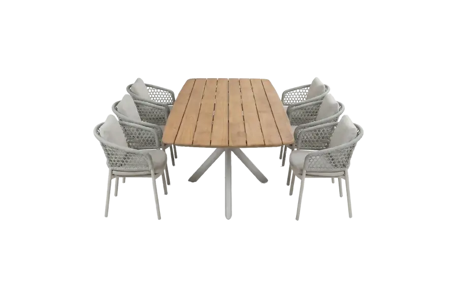 7-teiliges Gartenmöbel-Set | 6 Nardo Gartenstühle (Cream & Naturel) | Gartentisch Leverano (Teakholz & Naturel) 240x110 cm