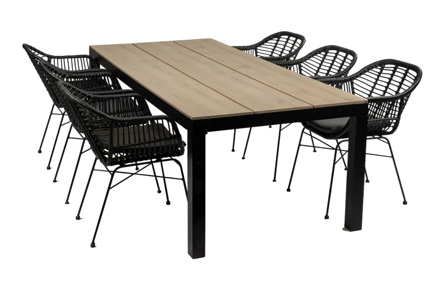 Oslo tuinset-7 delige tuinset-Oslo dining tuinstoel-black-polywood tuintafel-rond wicker vlechtwerk-aluminium frame