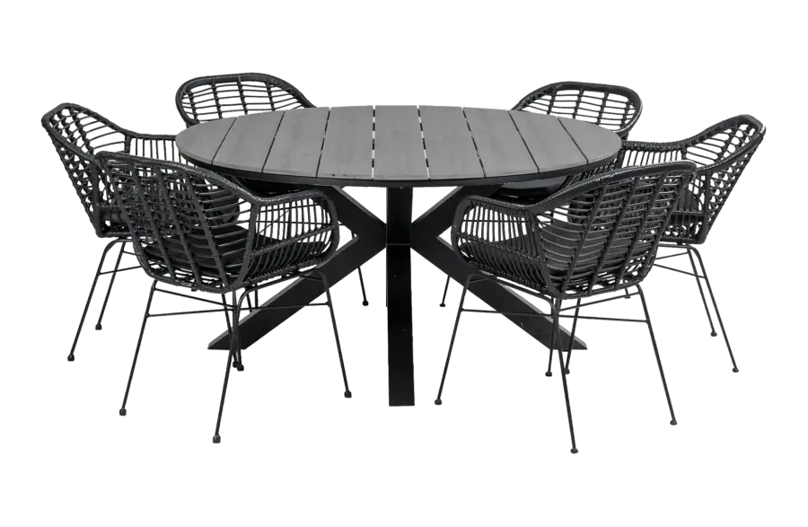 Oslo ronde tuinset-7 delige tuinset-Cyprus tuintafel-rond wicker vlechtwerk-aluminium frame-polywood tuintafel