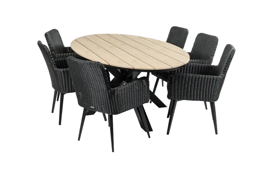sa dining tuinset-7 delige tuinset-Pisa tuinstoel black-polywood tuintafel-rond wicker vlechtwerk-aluminium frame