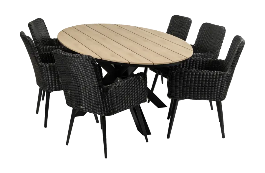 sa dining tuinset-7 delige tuinset-Pisa tuinstoel black-polywood tuintafel-rond wicker vlechtwerk-aluminium frame