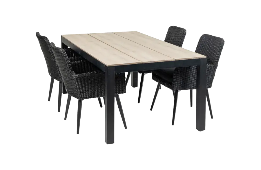 Pisa tuinset-5 delige tuinset-Pisa tuinstoel-black-rond wicker vlechtwerk-aluminium frame-polywood tuintafel-wood kleur tuintafel