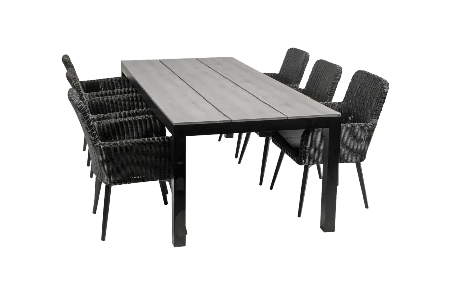 Pisa tuinset-7 delige tuinset-Pisa tuinstoel-black-polywood tuintafel-wicker-aluminium frame