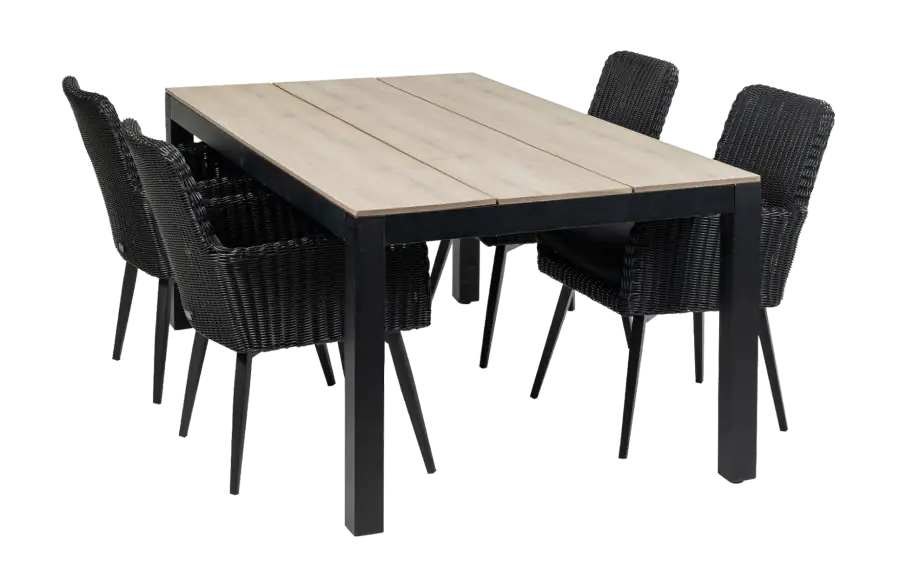 Pisa tuinset-5 delige tuinset-Pisa tuinstoel-black-rond wicker vlechtwerk-aluminium frame-polywood tuintafel-wood kleur tuintafel