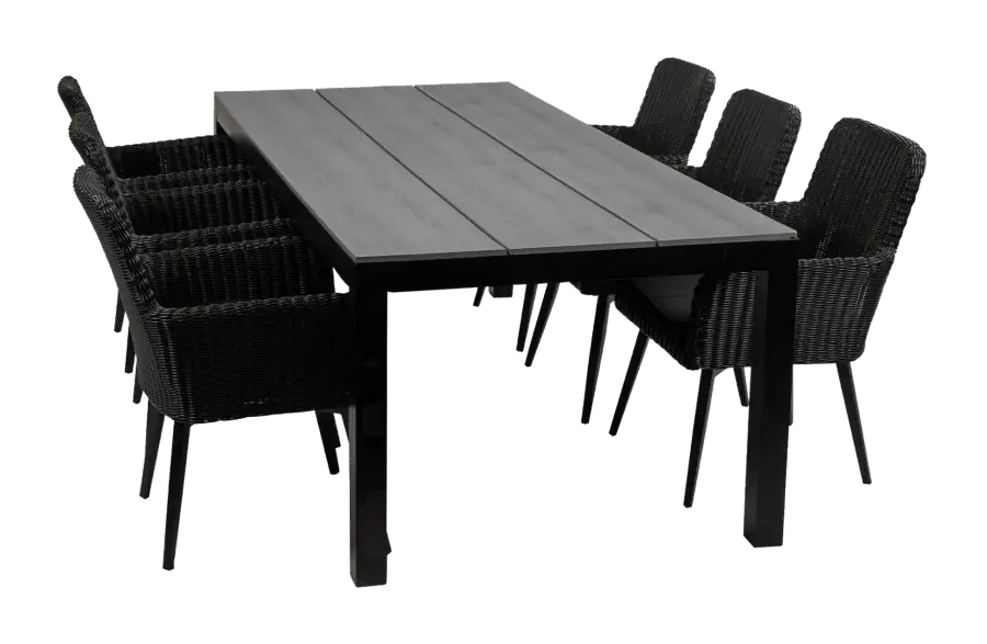 Pisa tuinset-7 delige tuinset-Pisa tuinstoel-black-polywood tuintafel-wicker-aluminium frame