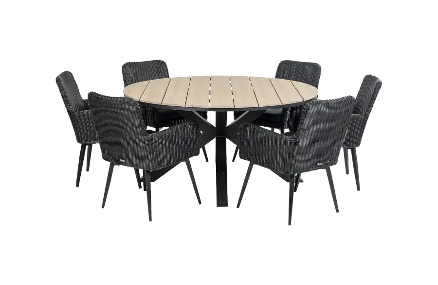 Pisa ronde tuinset-7 delige tuinset-Pisa tuinstoel black-polywood tuintafel-wicker vlechtwerk-aluminium frame