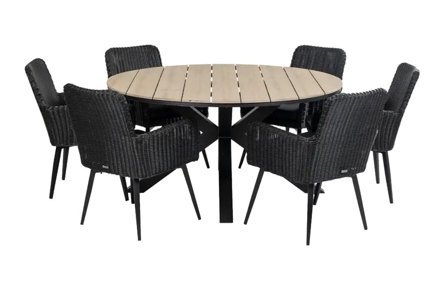 Pisa ronde tuinset-7 delige tuinset-Pisa tuinstoel black-polywood tuintafel-wicker vlechtwerk-aluminium frame