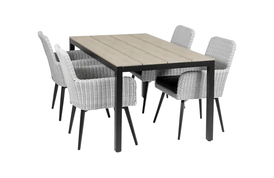 Pisa tuinset-5 delige tuinset-Pisa tuinstoel grey-rond wicker vlechtwerk-aluminium frame-polywood tuintafel-wood kleur