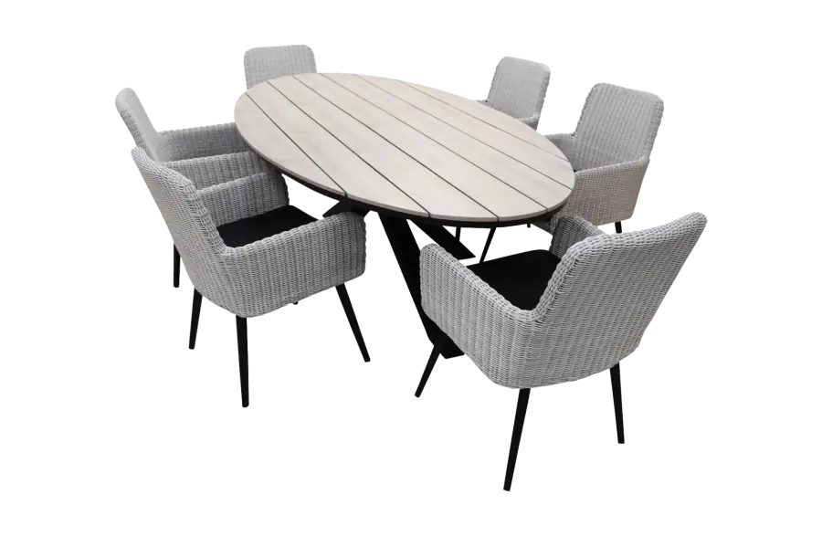 Pisa dining tuinset-7 delige tuinset-Pisa tuinstoel white-aluminium frame-rond wicker vlechtwerk-black zitkussen