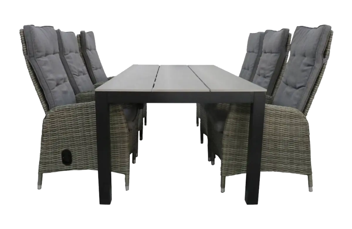 7 delige tuinset-6 kos verstelbare tuinstoelen-Ash Grey-Cyprus tuintafel-grey-polywood tafelblad-wicker-aluminium frame-vooraanzicht