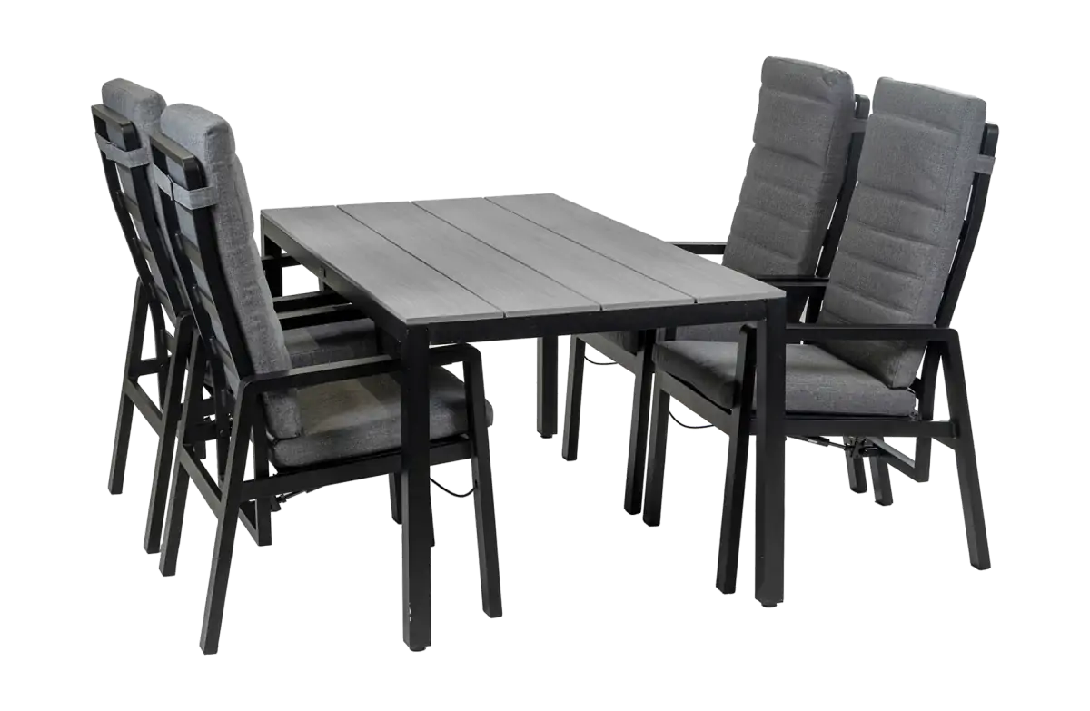 5-teiliges Garten-Set | 4 Berlin Gartenstühle (Schwarz) | Gartentisch Limasol 160 x 90 cm (Grau)