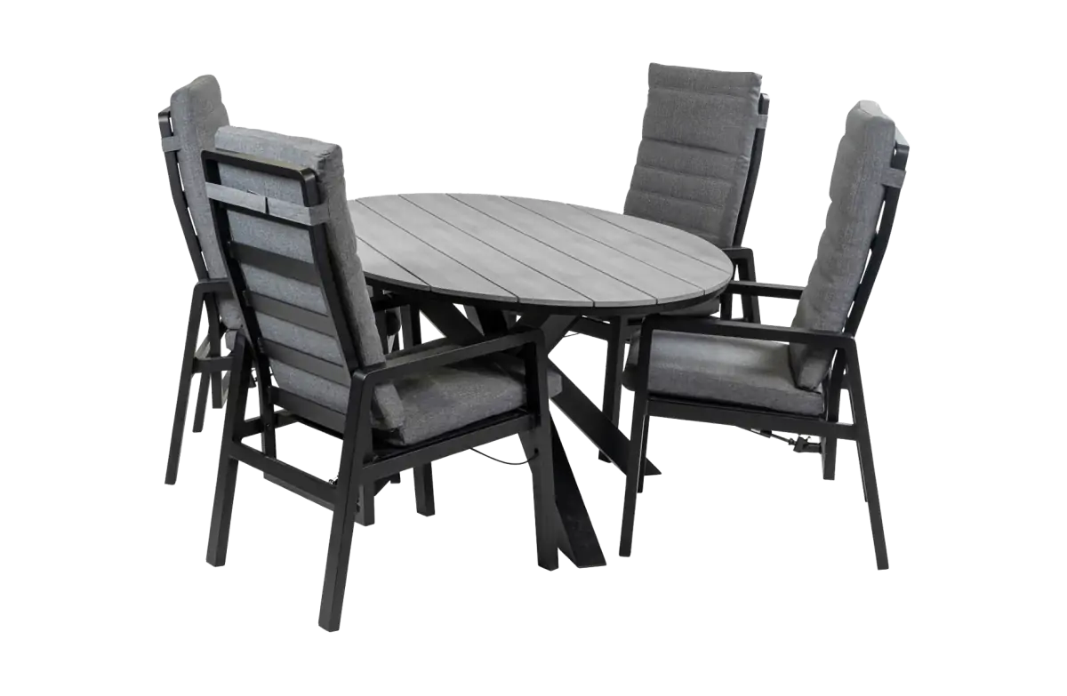 5-teiliges ovales Garten-Set | 4 Berlin Gartenstühle (Schwarz) | Gartentisch Limasol 180 cm (Grau)