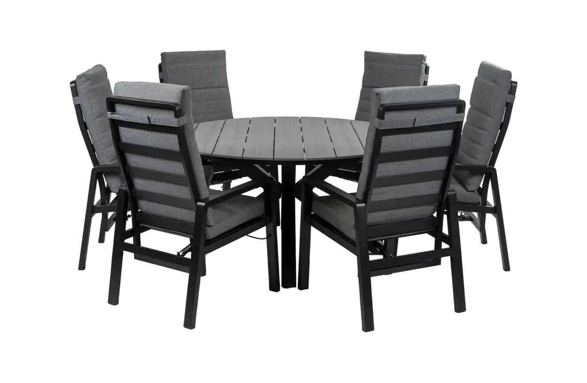 Rundes 7-teiliges Garten-Set | 6 Berlin Gartenstühle (Schwarz) | Limasol Gartentisch ø 150 cm (Grau)
