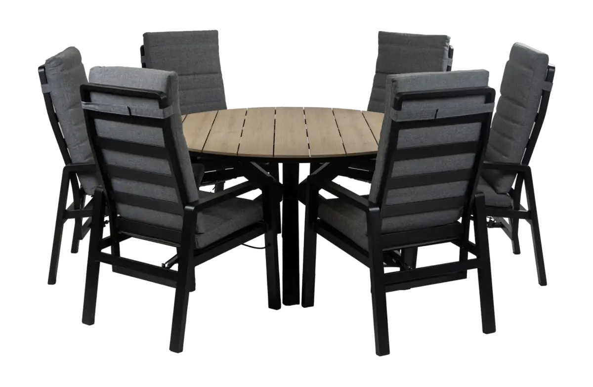 Rundes 7-teiliges Garten-Set | 6 Berlin Gartenstühle (Schwarz) | Limasol Gartentisch ø 150 cm (Wood)