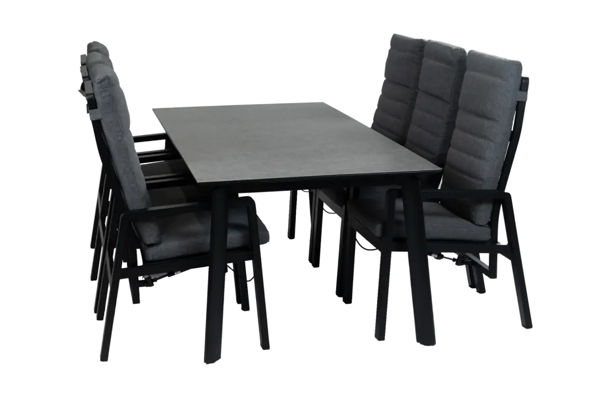 7-teiliges Garten-Set | 6 verstellbare Berlin-Gartenstühle (Schwarz) | Gartentisch Malta 220 x 100 cm (Schwarz)