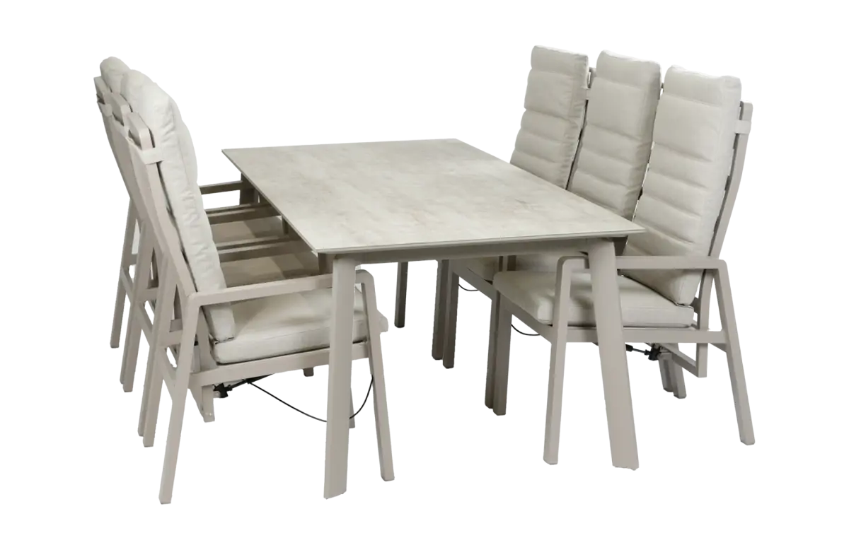 7-teiliges Garten-Set | 6 verstellbare Berlin-Gartenstühle (Champagner) | Gartentisch Malta 220 x 100 cm (Schwarz)