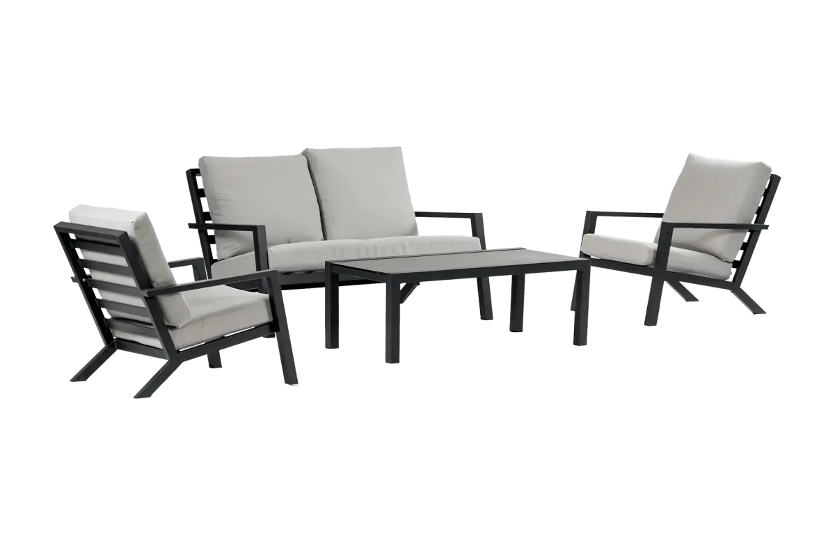 Sessel-Sofa Lounge-Set Bezano | 2-Sitzer | Mattschwarz / Creme | Aluminium