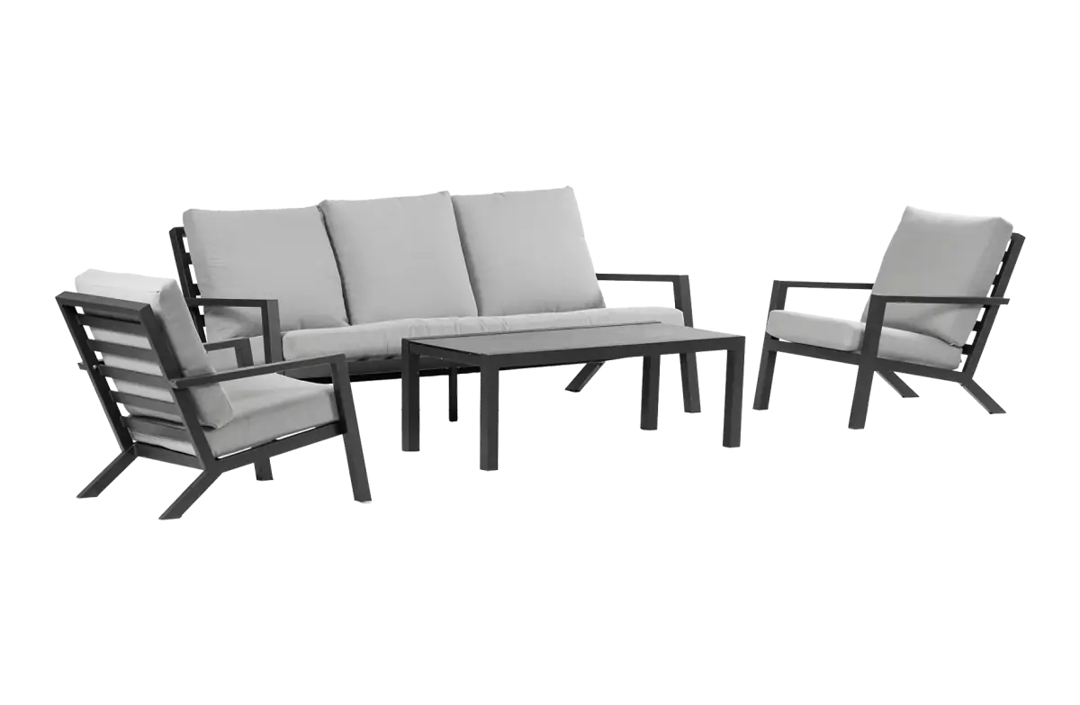 Sessel-Sofa Lounge-Set Bezano | 3-Sitzer | Mattschwarz / Creme | Aluminium