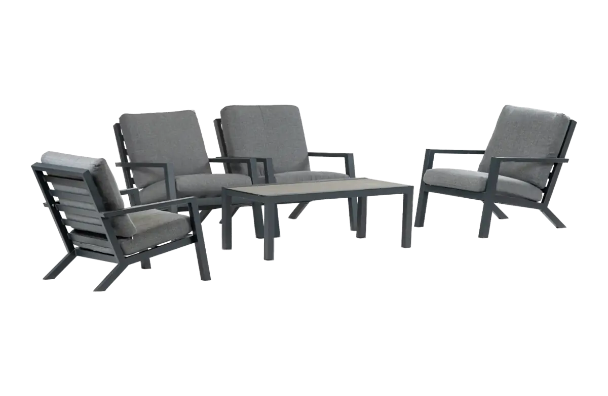Sessel Lounge-Set Bezano | 4 Lounge-Sessel mit Beistelltisch (120 x 60 cm) | Aluminium & Grau